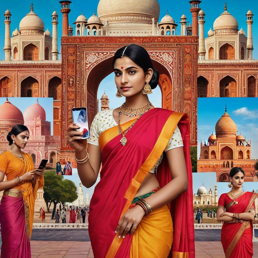 A vibrant collage featuring an Indian woman stylishly dressed in traditional and modern attire, surrounded by elements representing social networking like smartphones, chats, and hearts. Include a backdrop of iconic Indian landmarks and colorful fabrics to emphasize lifestyle. Showcase a sense of community, connection, and fashion inspiration. super-realistic. vibrant colors. 3D.