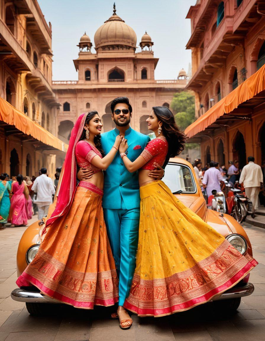 An artistic representation of diverse aspects of Indian culture, featuring a vibrant Bollywood fashion scene with models in colorful traditional attire, dancing amidst an array of modern urban settings. Include elements like street food stalls, modern dating scenes with couples at a café, and iconic Indian architecture in the background. The composition should evoke a lively and energetic atmosphere. vibrant colors. super-realistic.