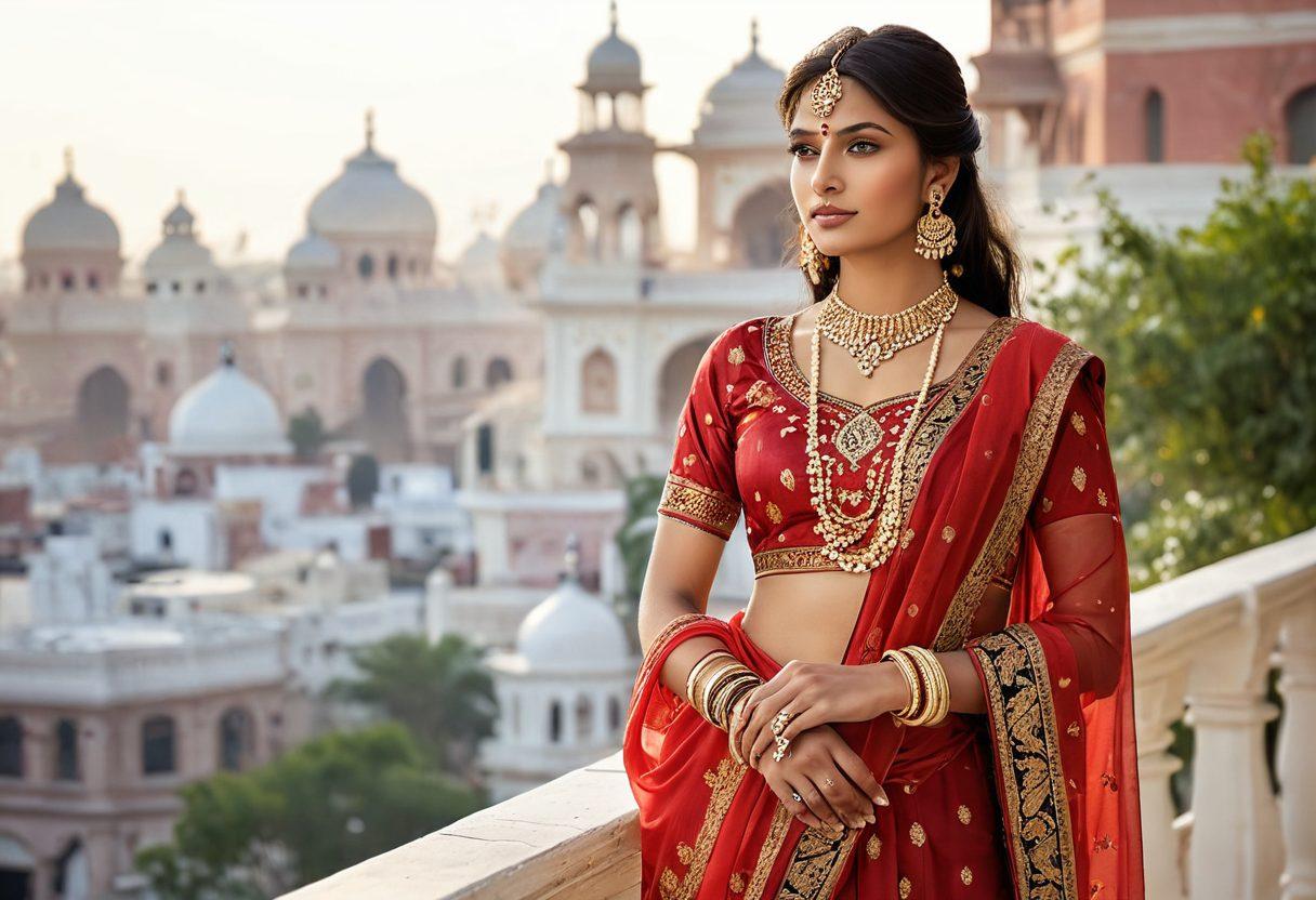 A beautifully styled Indian woman wearing elegant traditional and modern outfits, surrounded by vibrant fashion accessories and cosmetics, reflecting the fusion of contemporary and traditional beauty. In the background, include subtle hints of an urban landscape and a romantic setting, symbolizing dating tips. The scene should evoke a sense of charm and sophistication. vibrant colors. super-realistic. white background.